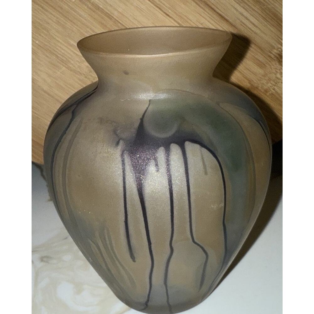 Hand Painted Rueven Glass Vase Art Nouveau Watercolor MultiColor 1960s 5”